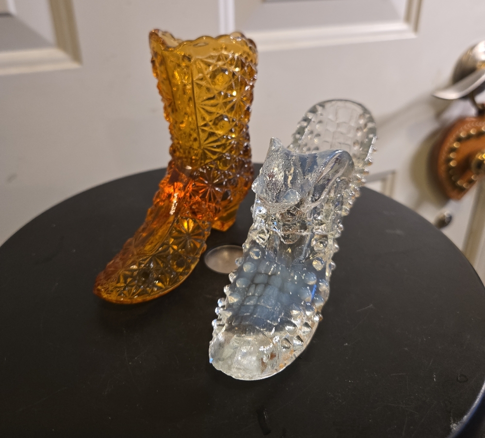 Vintage Fenton Pressed Glass Boot Mismatched Pair - Amber & Clear Milk